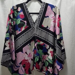 Nine West Satin Kimono Sleeve Floral V-Neck Blouse